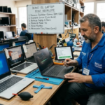 Teknik servis ortamında ikinci el laptopların donanım ve kozmetik durumunu inceleyerek fiyat belirleyen teknisyen.